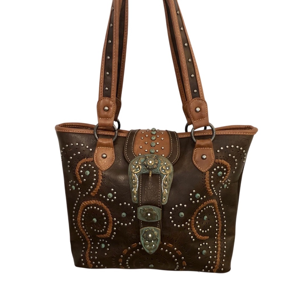 Montana West Brown & Tan Leather Tote Bag with Studs & Turquoise Accents